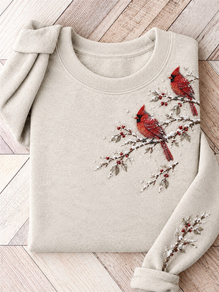Women's Snowy Winter Red Cardinal Birds on Braches Print Sweatshirt