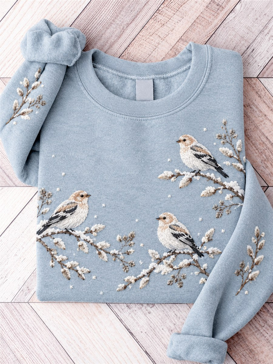 Women's Snowy Winter Common Redpoll Birds on Braches Print Sweatshirt