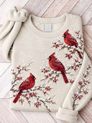 Women's Snowy Winter Red Cardinal Birds on Braches Print Sweatshirt