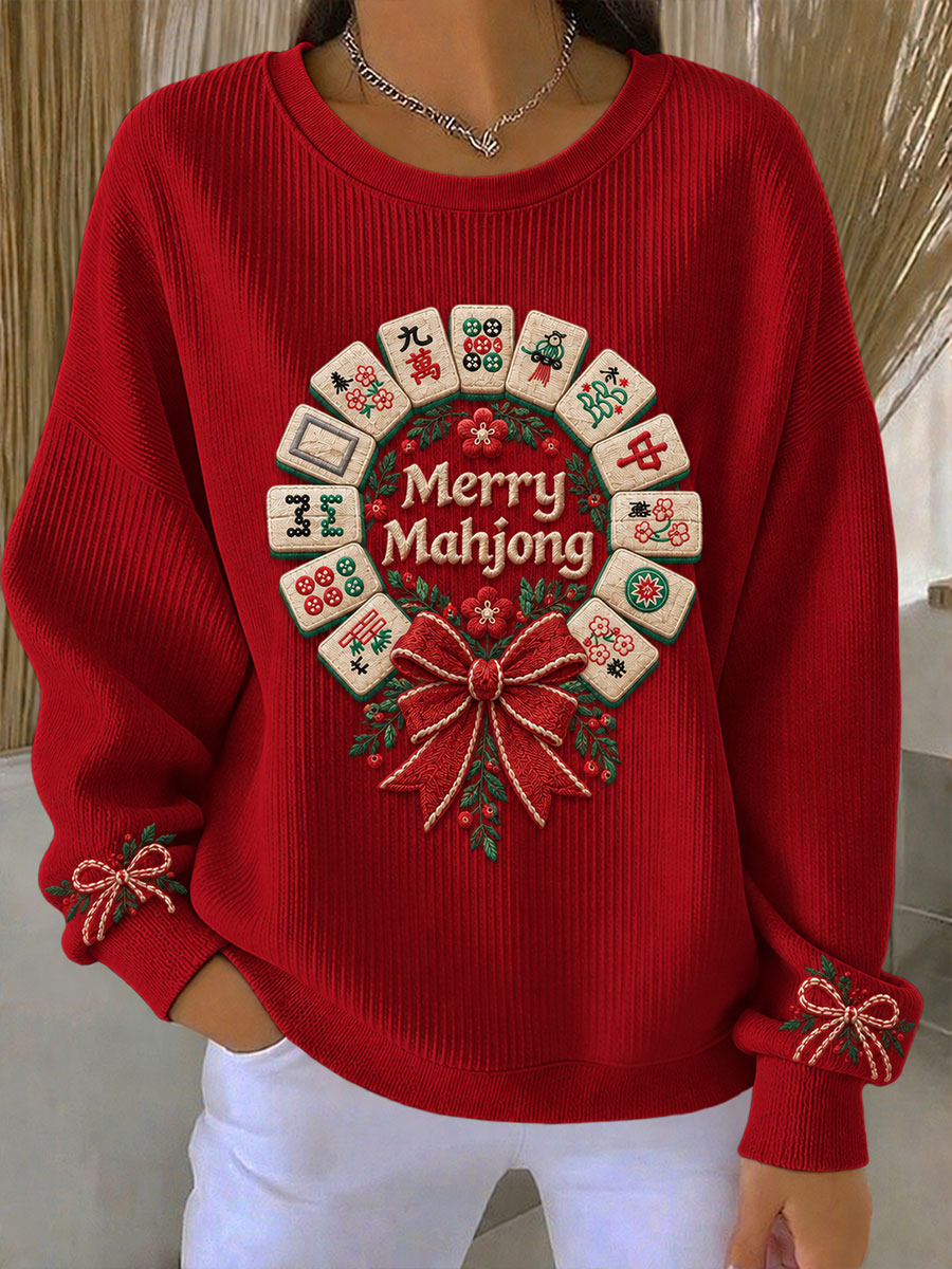 Women's Christmas Mahjong Print Casual Sweatshirt