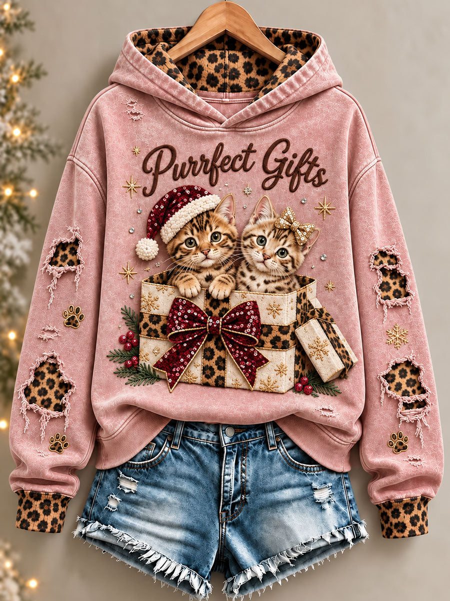 Women's Christmas Funny Cat Art Print Regular Hoodie