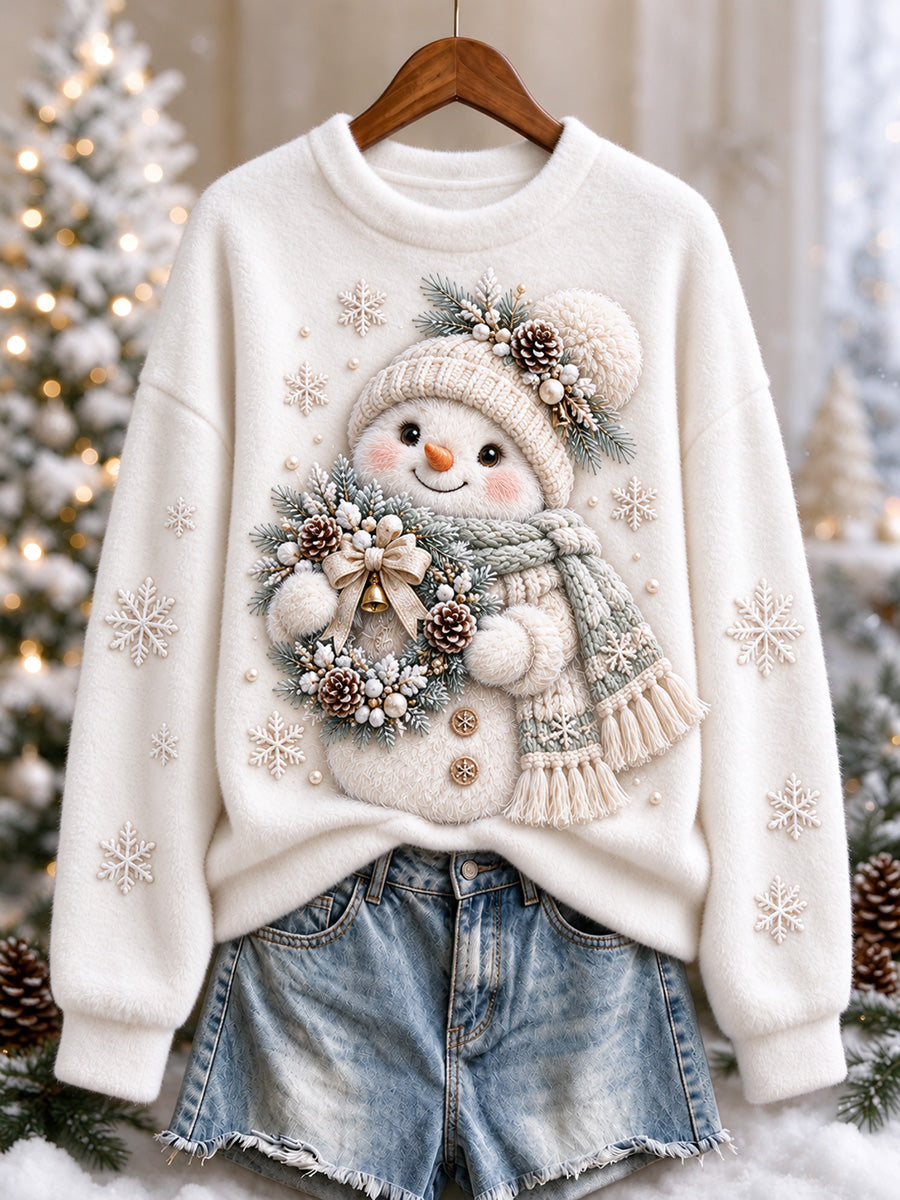 Women's White Christmas Snowman Print Cozy Flannel Sweatshirt