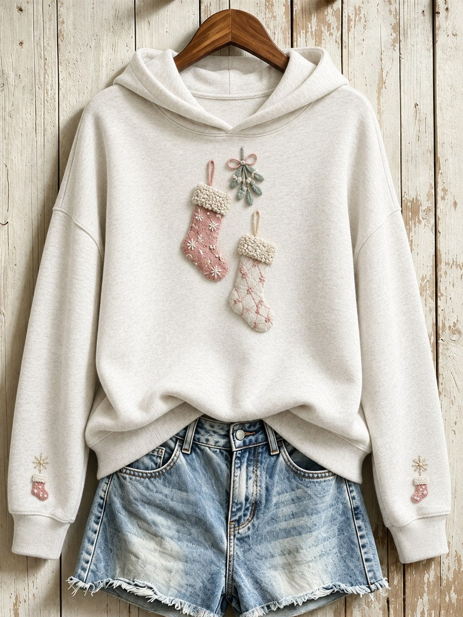Women's Vintage Christmas Pink Stockings Print Hoodie