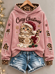 Women's Christmas Funny Cat Art Print Regular Hoodie