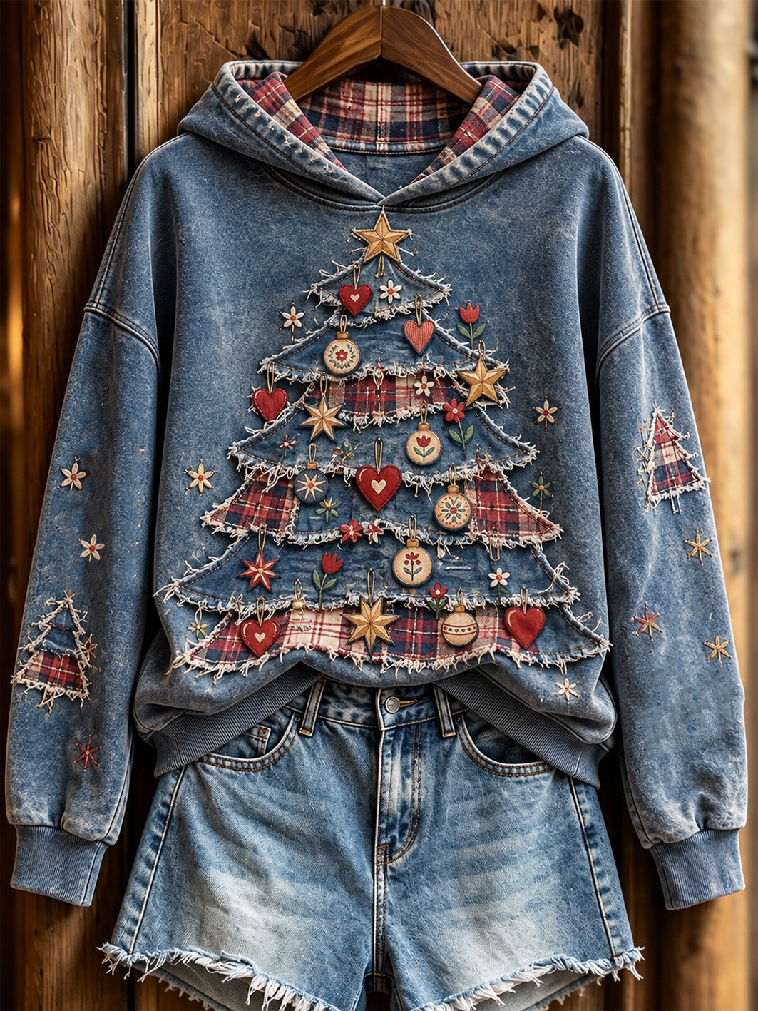 Women's Retro Christmas Tree Patchwork Pattern Design Casual Hoodie