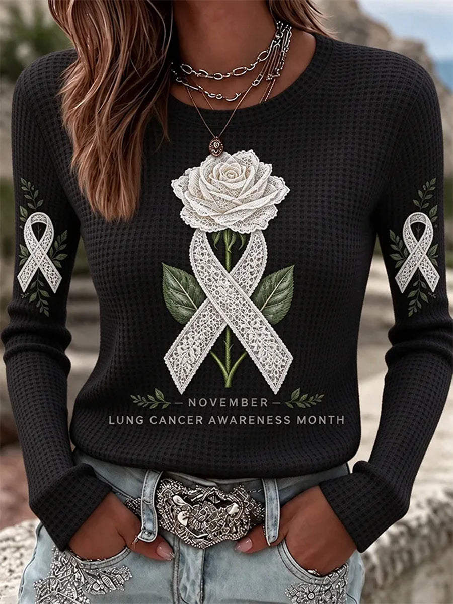 Women's Lung Cancer Awareness Print Waffle T-shirt