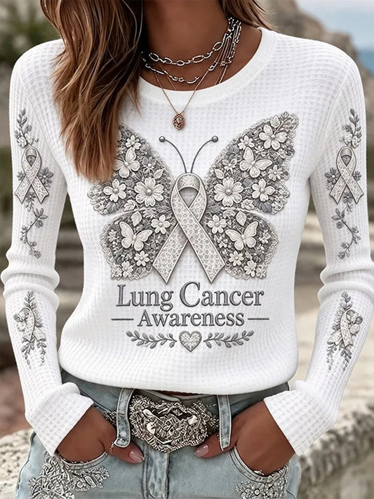 Women's Lung Cancer Awareness Print Waffle T-shirt