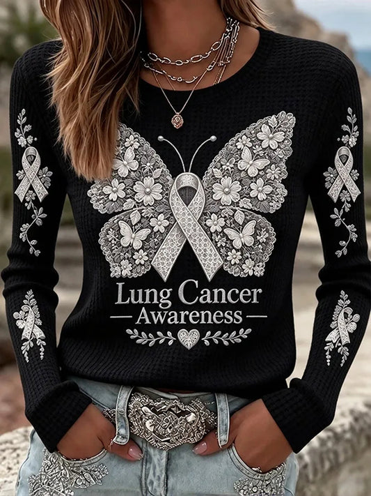 Women's Lung Cancer Awareness Print Waffle T-shirt