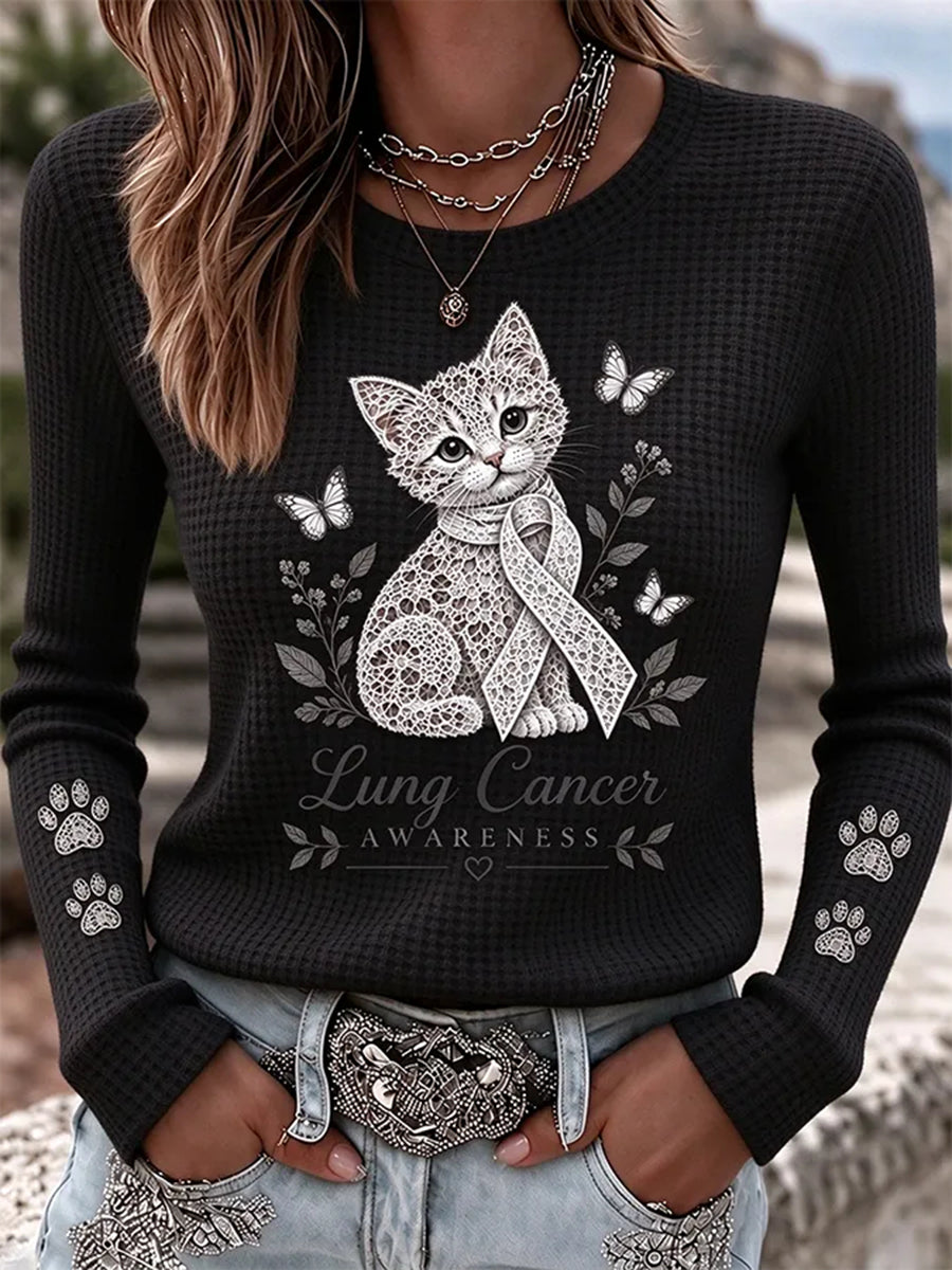 Women's Lung Cancer Awareness Print Waffle T-shirt