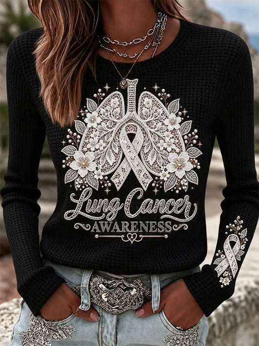 Women's Lung Cancer Awareness Print Waffle T-shirt