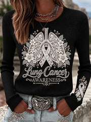 Women's Lung Cancer Awareness Print Waffle T-shirt