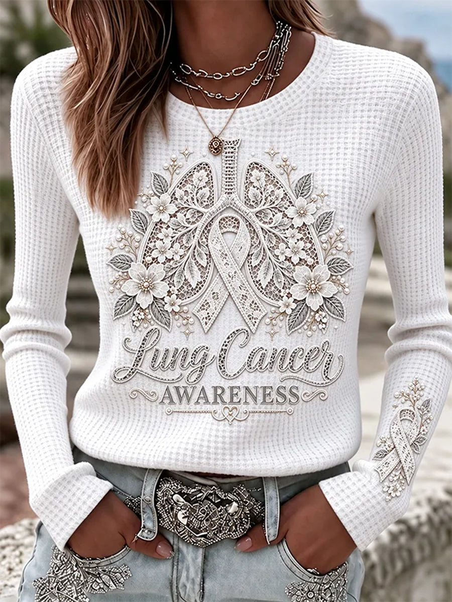 Women's Lung Cancer Awareness Print Waffle T-shirt