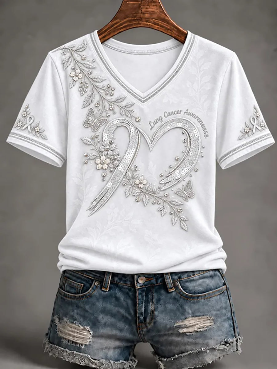 Women's Lung Cancer Awareness Print Short Sleeve T-shirt
