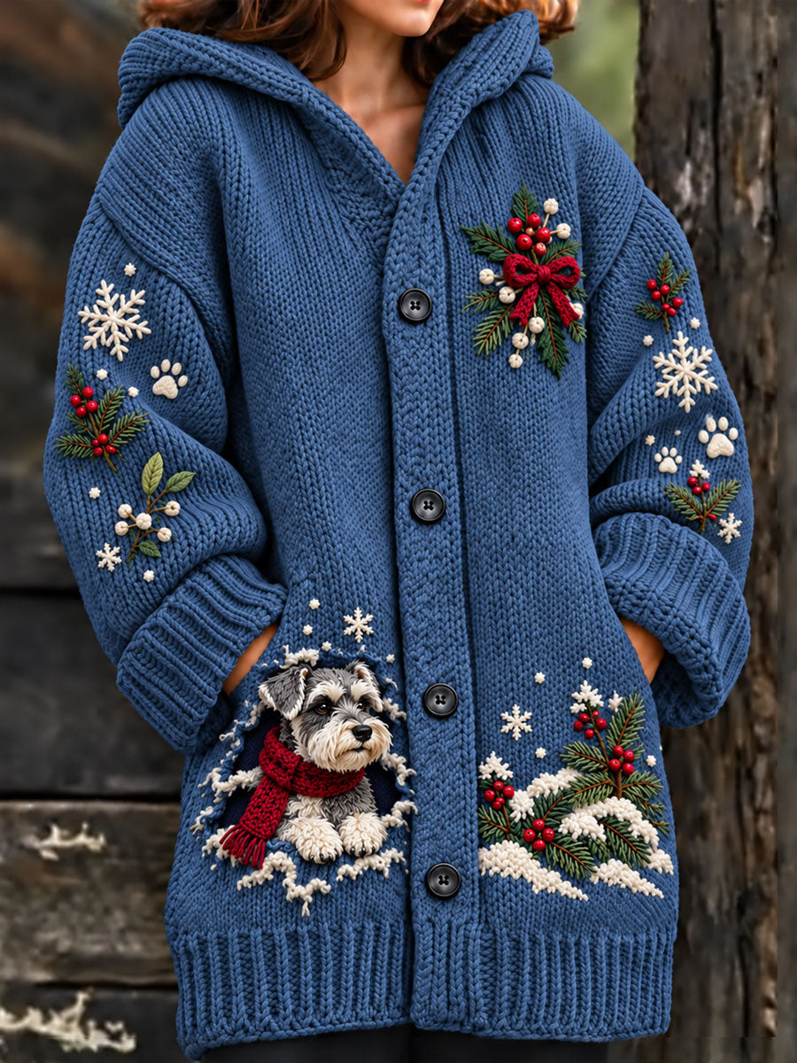 Women's Christmas Funny Dog Art Print Composite Fleece Long Coat