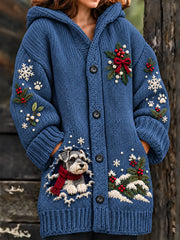 Women's Christmas Funny Dog Art Print Composite Fleece Long Coat