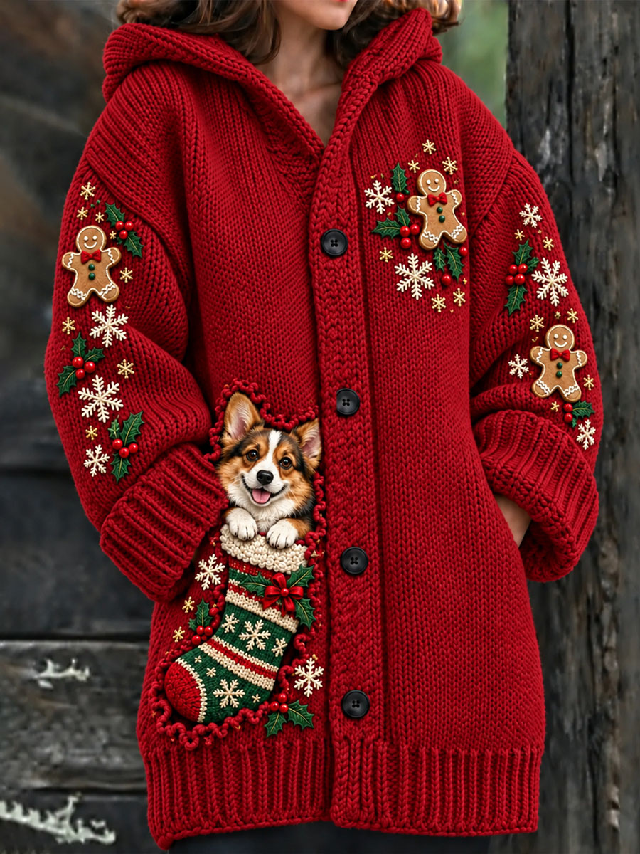 Women's Christmas Funny Dog Art Print Composite Fleece Long Coat