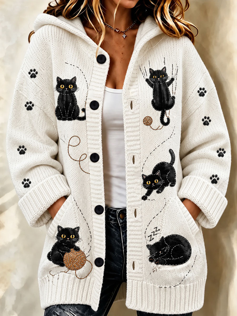 Women's Cute Cat Art Print Long Coat