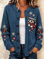 Women's Christmas Funny Dog Art Print Cardigan-Style Knit Jacket