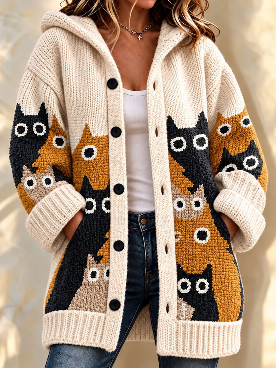 Women's Cute Cat Art Print Long Coat