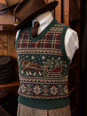 Men's Vintage Christmas Sleigh & Horses Plaid Fair Isle Pattern Print Cozy Vest