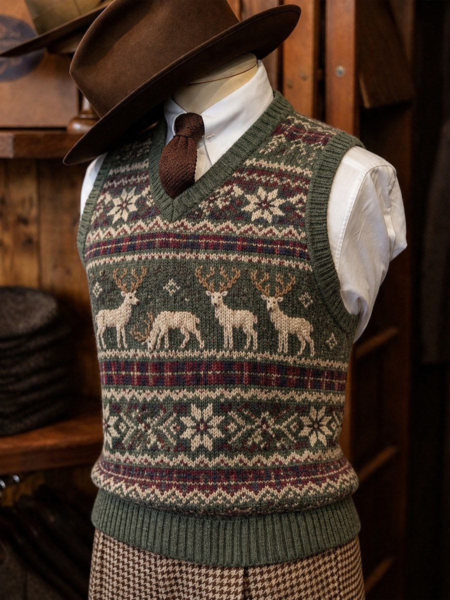 Men's Vintage Christmas Reindeer Plaid Fair Isle Pattern Print Cozy Vest