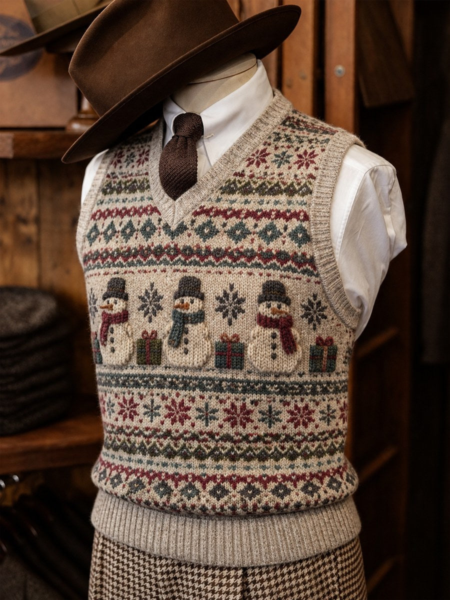 Men's Vintage Christmas Snowmen Fair Isle Pattern Print Cozy Vest