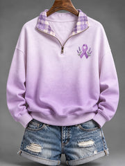Women's Purple Charity Ribbon Pattern Gradient Design Casual Half-Zip Sweatshirt