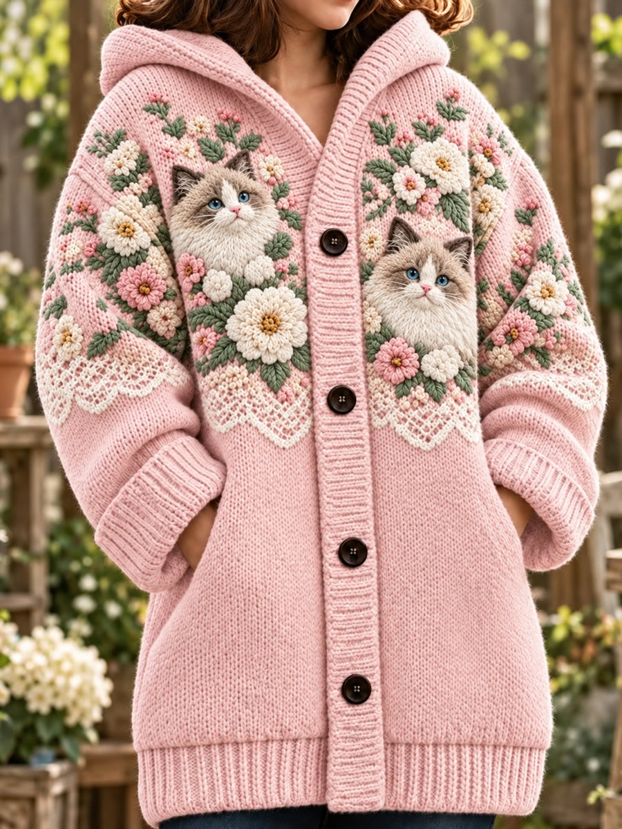 Women's Cute Cat Art Print Long Coat