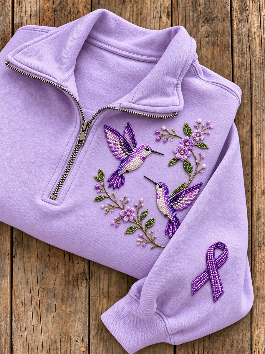 Women's Beaded Floral Hummingbirds & Purple Ribbon Pattern Casual Half-Zip Sweatshirt