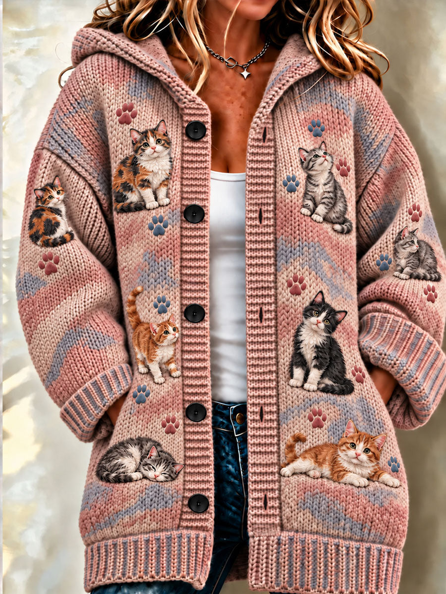 Women's Cute Cat Art Print Long Coat
