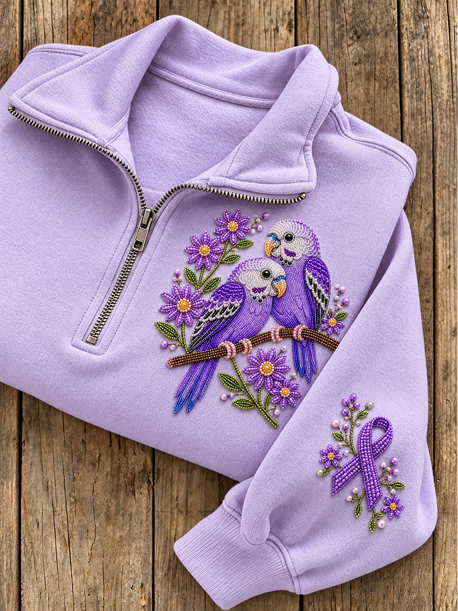 Women's Beaded Floral Budgie & Purple Ribbon Pattern Casual Half-Zip Sweatshirt