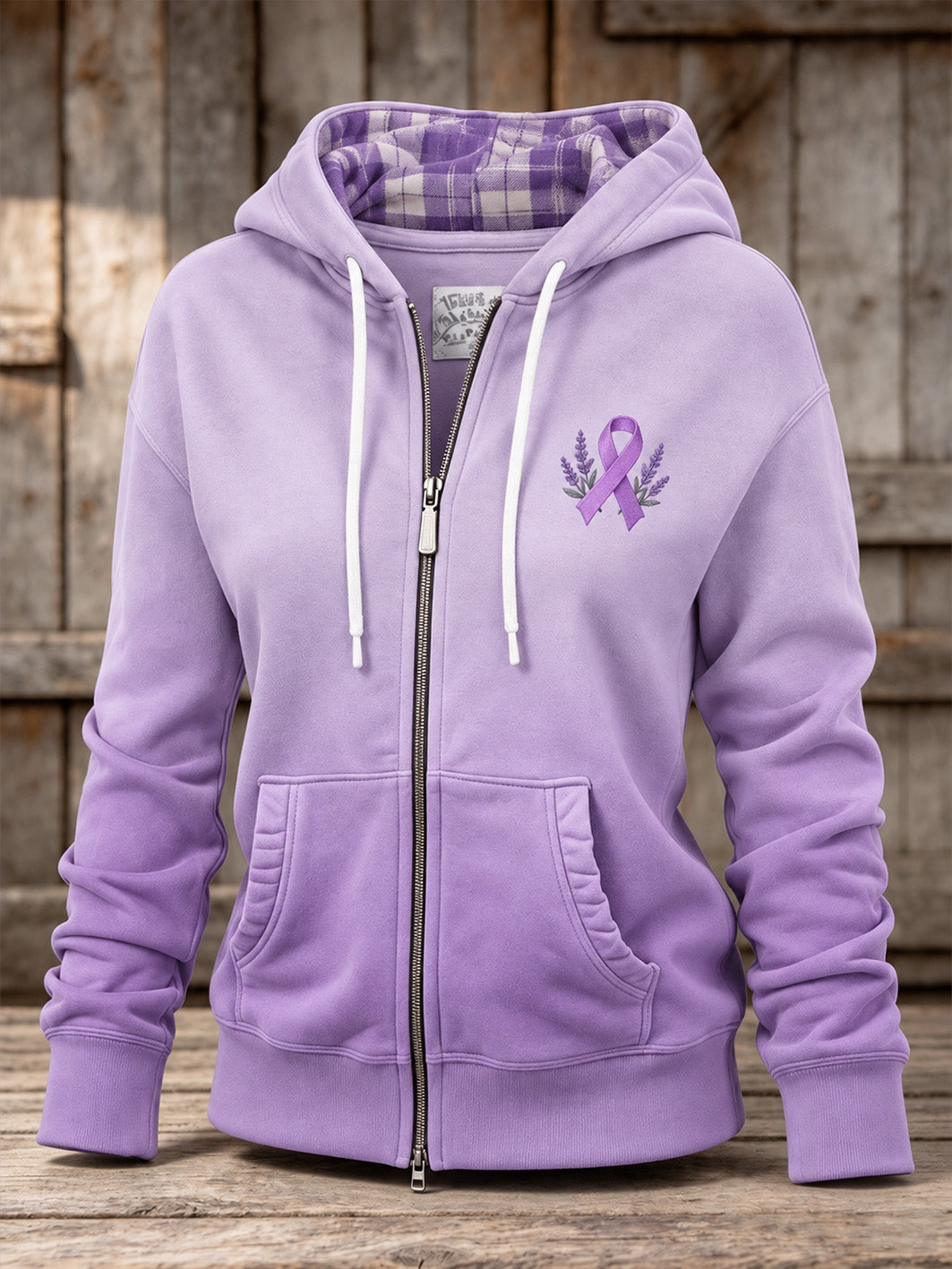 Women's Purple Charity Ribbon Pattern Gradient Design Casual Zip-Up Hoodie