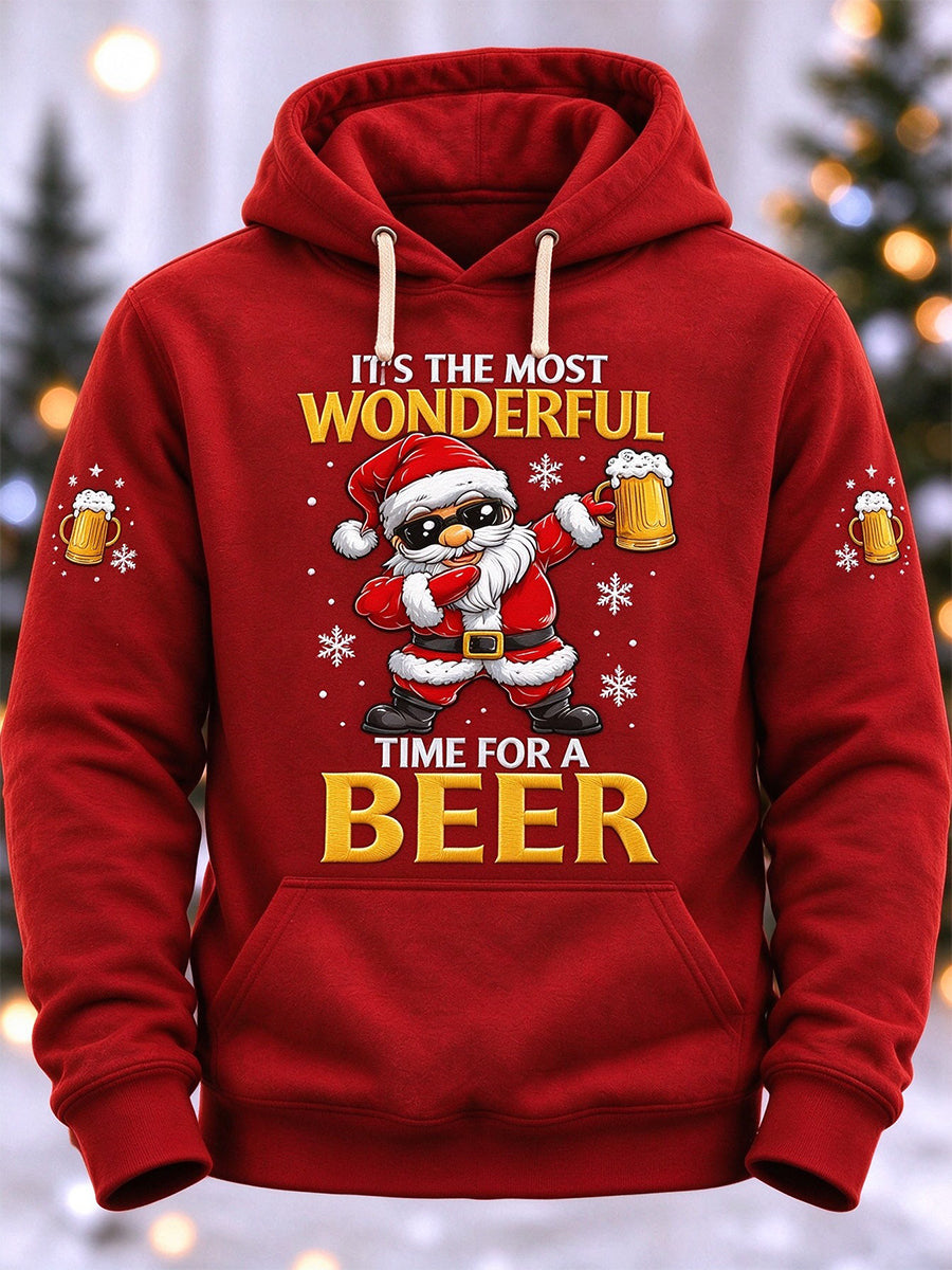 Men's  Funny Santa Claus It's The Most Wonderful Time For A Beer Print Casual Hoodie
