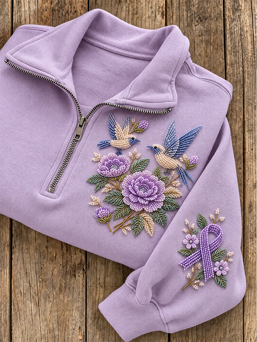 Women's Beaded Floral Birds & Purple Ribbon Pattern Casual Half-Zip Sweatshirt