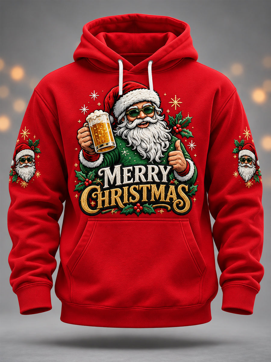 Men's Merry Christmas Funny Santa Claus Cheers Print Casual Hoodie