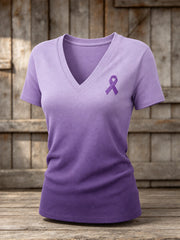 Women's Purple Charity Ribbon Pattern Gradient Design Casual Short-sleeved T-shirt